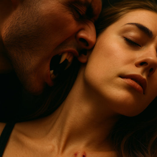 "Vampiro mordiendo el cuello de una mujer, simbolizando la absorción de energía por personas tóxicas."