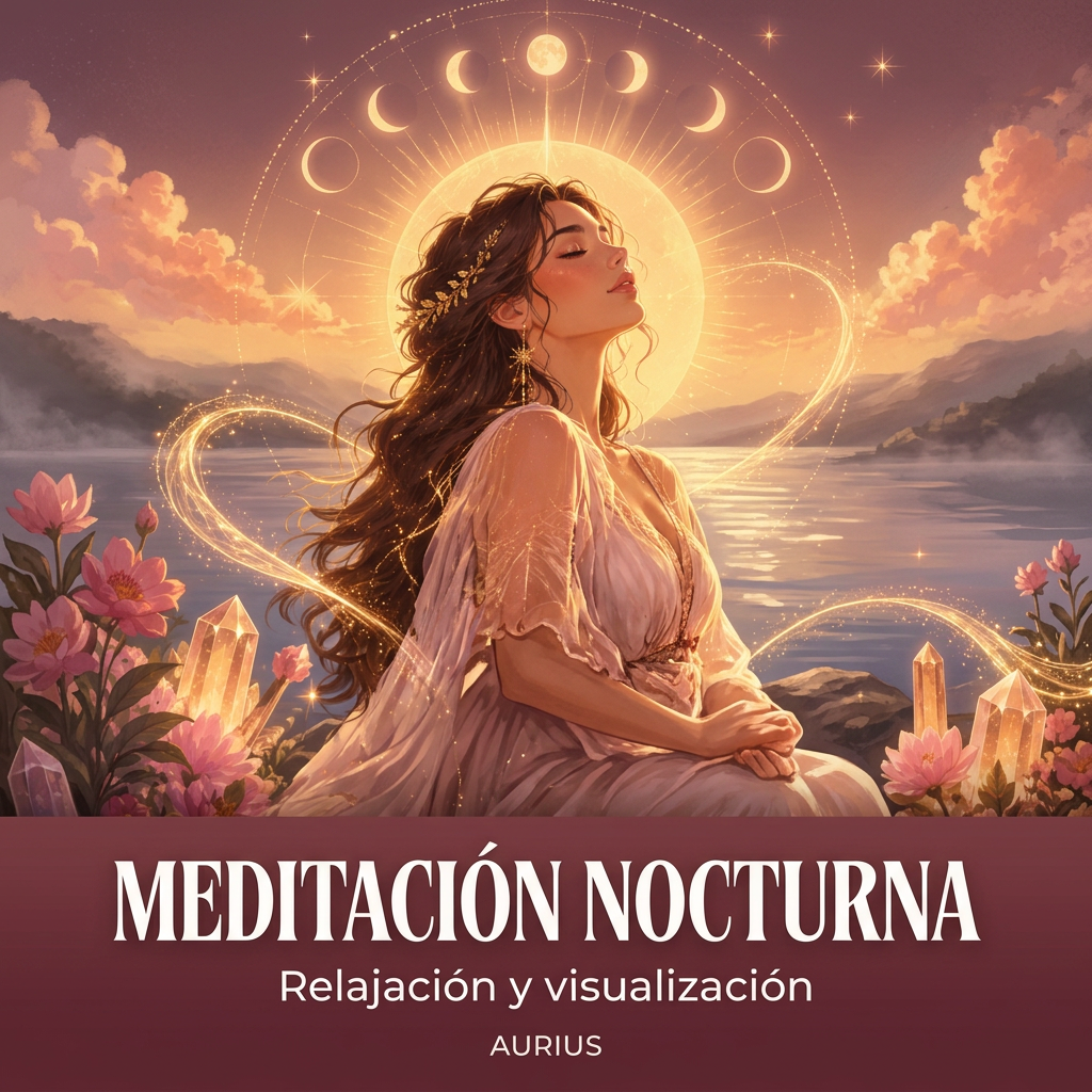 Meditación nocturna de Aurius, ilustración celestial en tonos dorados y malva